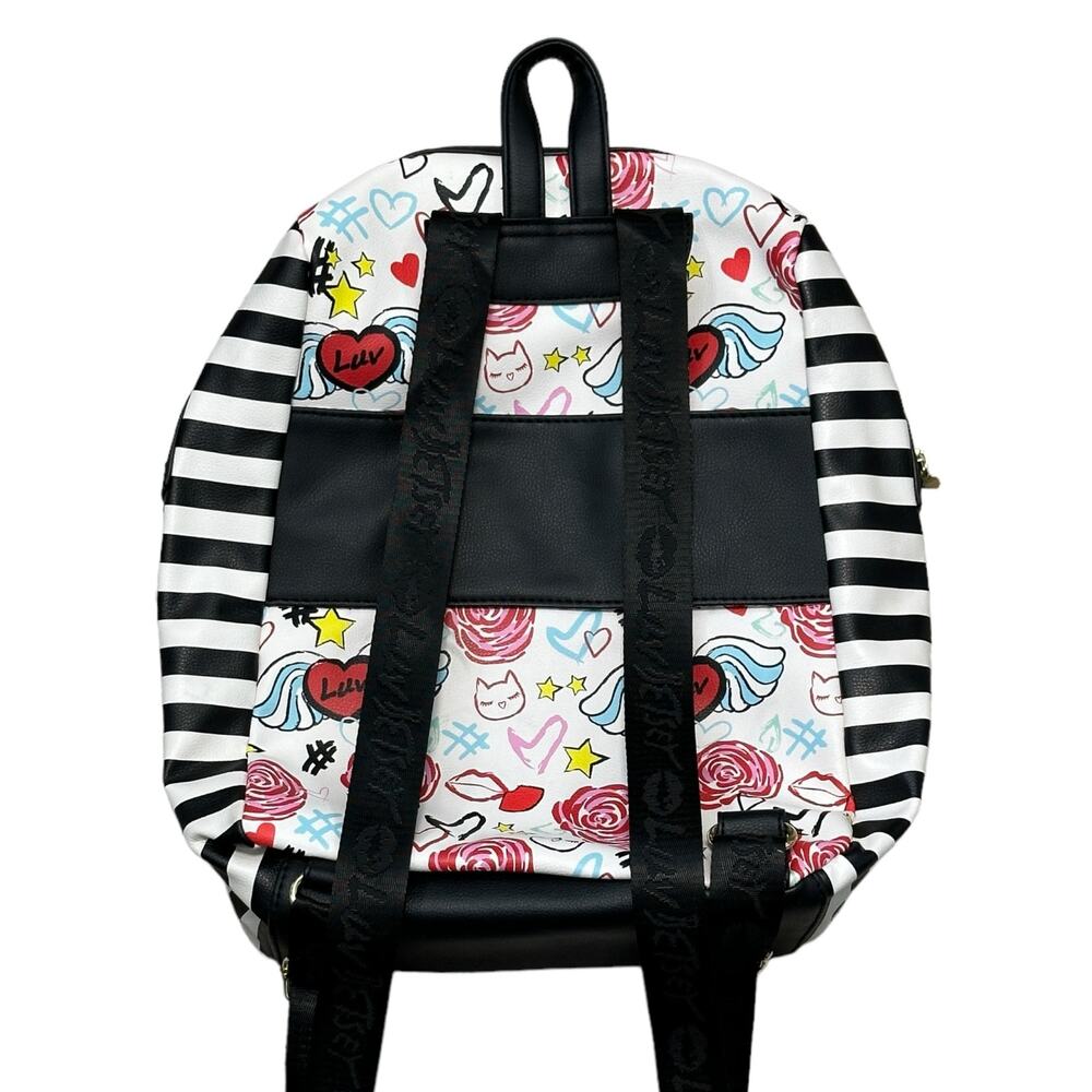 Betsey Johnson Luv Betsey White and Pink Black Striped Backpack - Picture 3 of 5